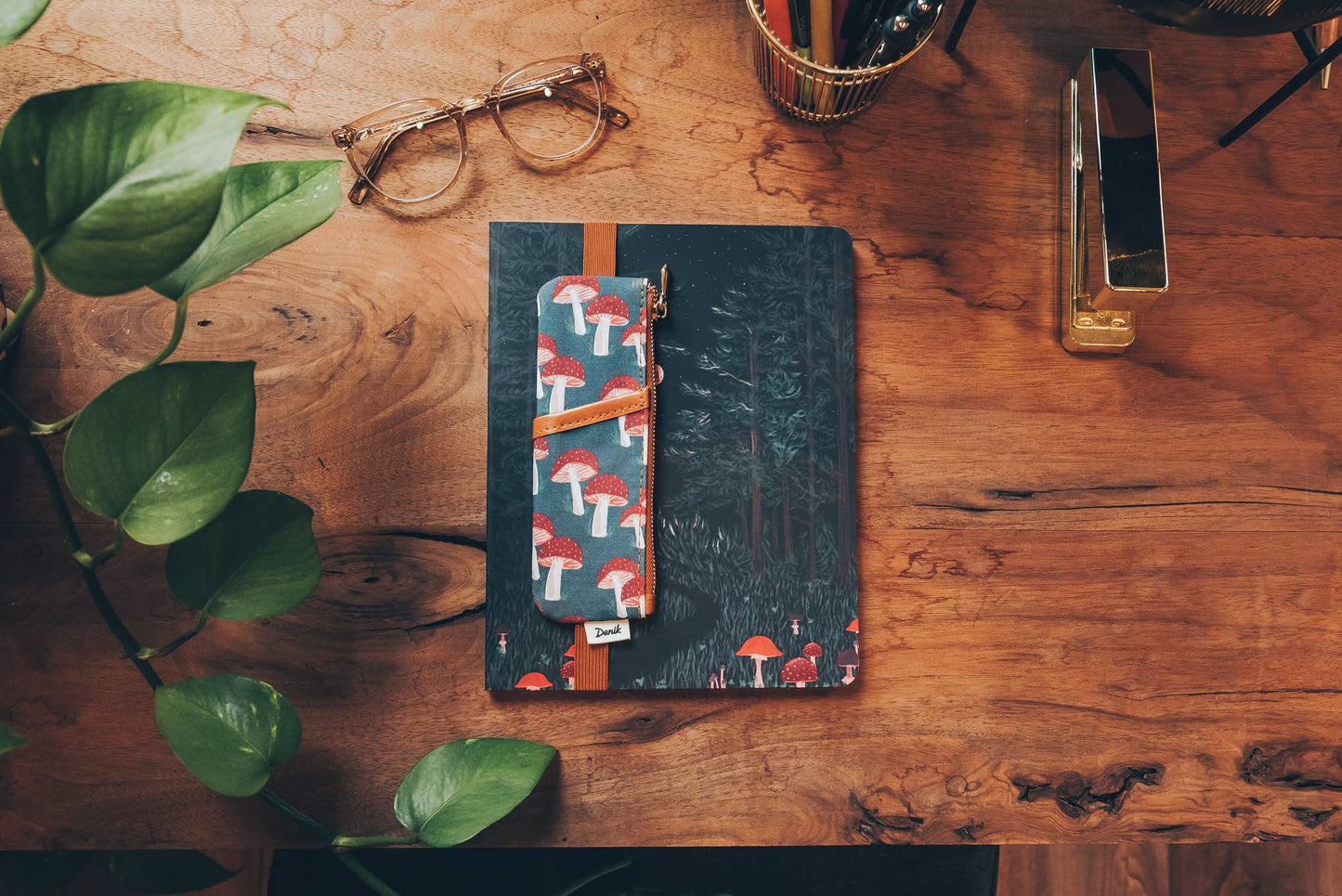Notebook Pouch; Navy Mushroom (Embroidered, Vegan Leather)