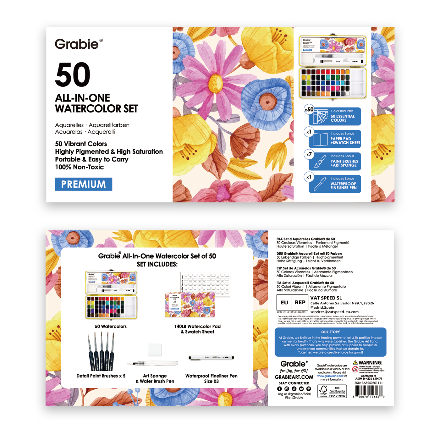 Grabie All-In-One Premium Watercolor Set of 50 (Paper, Pen, & 7 Brushes Included)