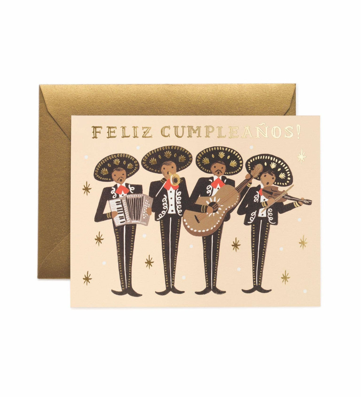 Rifle Paper Co. Mariachi Birthday Card — front with envelope — cream card with gold foil "Feliz Cumpleaños!" lettering at top; four illustrated mariachi musicians in black charro suits with white embroidery, red bow ties, and large gold-embroidered sombreros; left musician plays accordion, second plays trumpet, third plays guitarrón, fourth plays violin; gold foil star accents scattered on cream background; gold metallic envelope behind; white background