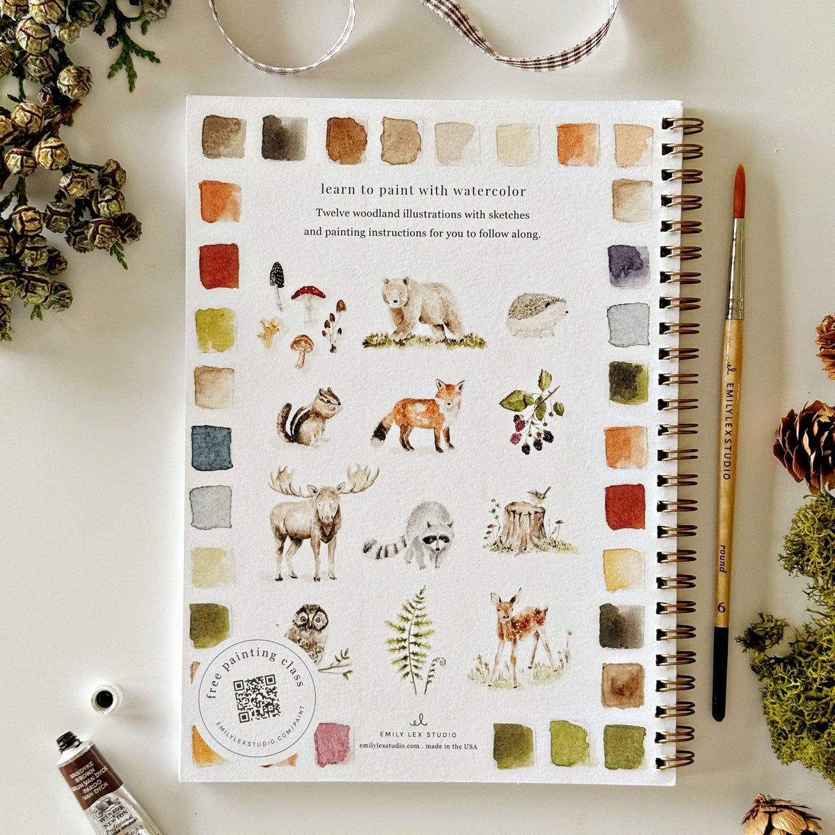 Back cover of Woodland Watercolor Workbook by Emily Lex showing all 12 illustrations