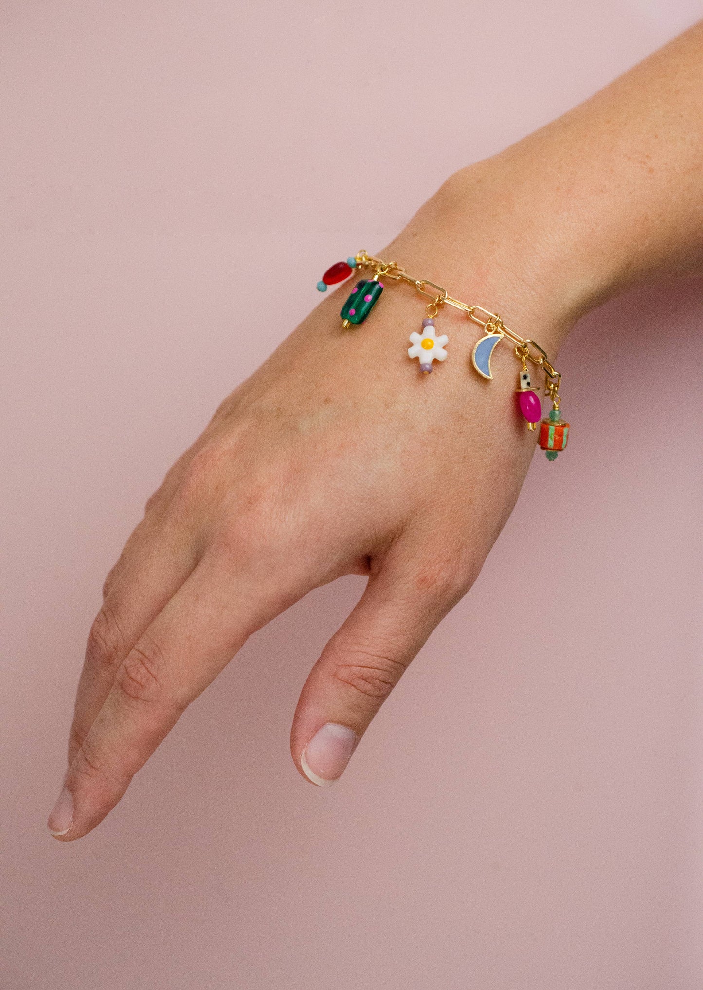 Bracelet; Ladybird Flower Charm (Colorful, Gold) By Jill Makes