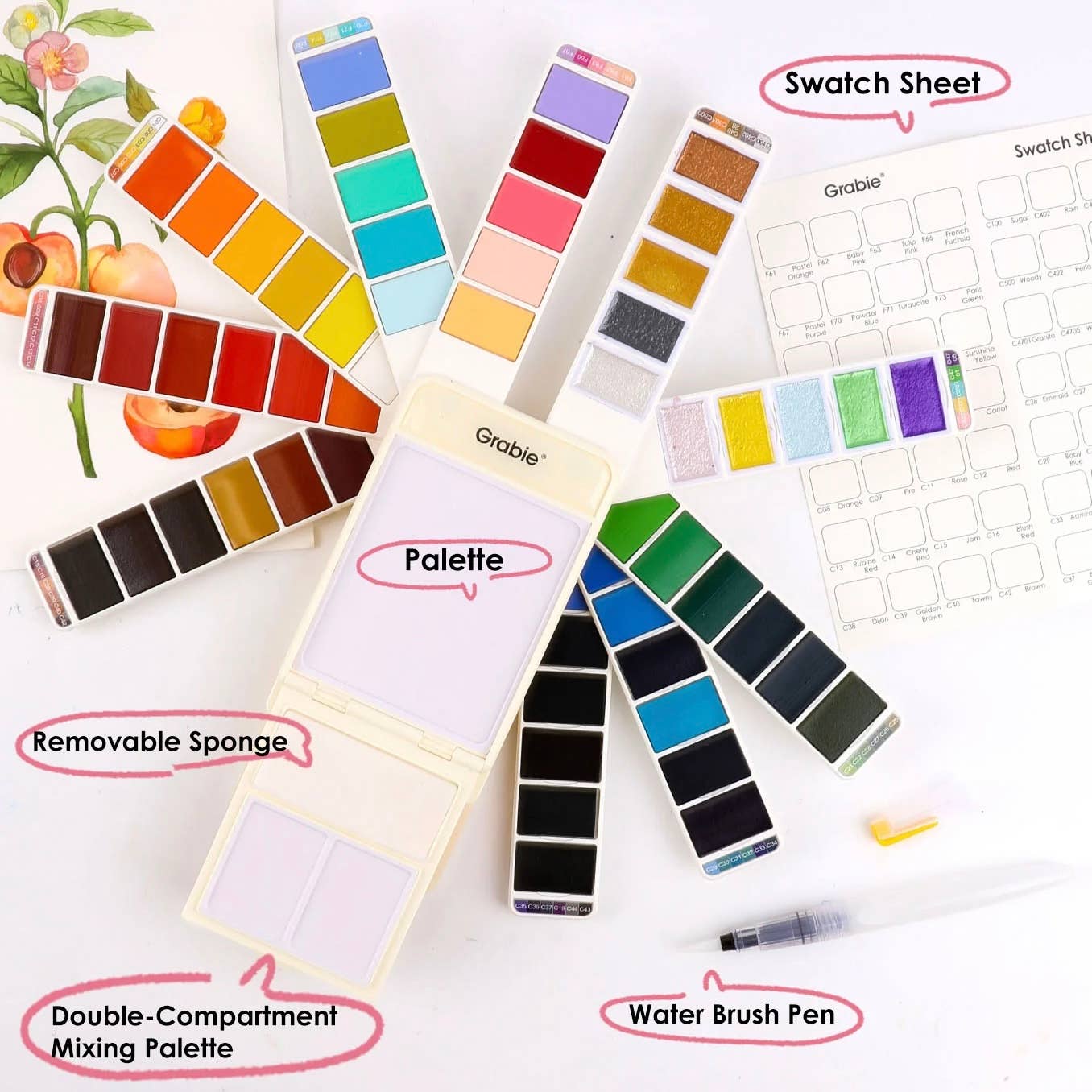 Grabie Foldable Watercolor Set (56 Colors & A Water Brush Pen)