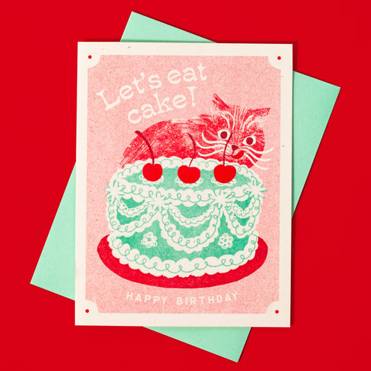 Birthday Card; Let's Eat Cake Cat (Risograph Card)