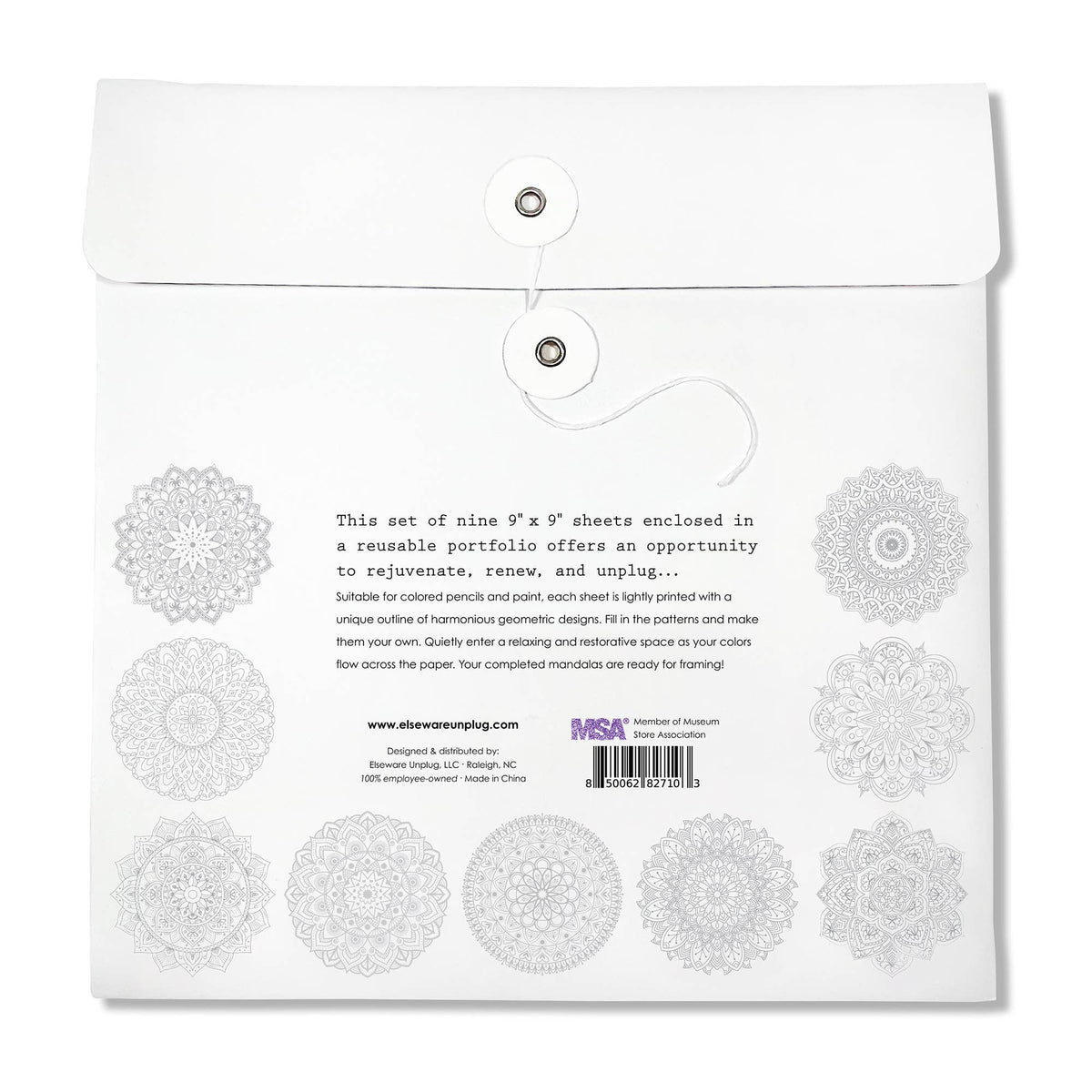 Back of Elseware Unplug mandala coloring sheets portfolio on white background — white string-and-button envelope closure with silver grommets; 9 lightly printed uncolored mandala outlines shown in soft gray arranged in two rows around centered product description text; elsewareunplug.com URL, MSA member badge, Elseware Unplug LLC Raleigh NC attribution, 100% employee-owned, Made in China, and barcode 850062827103