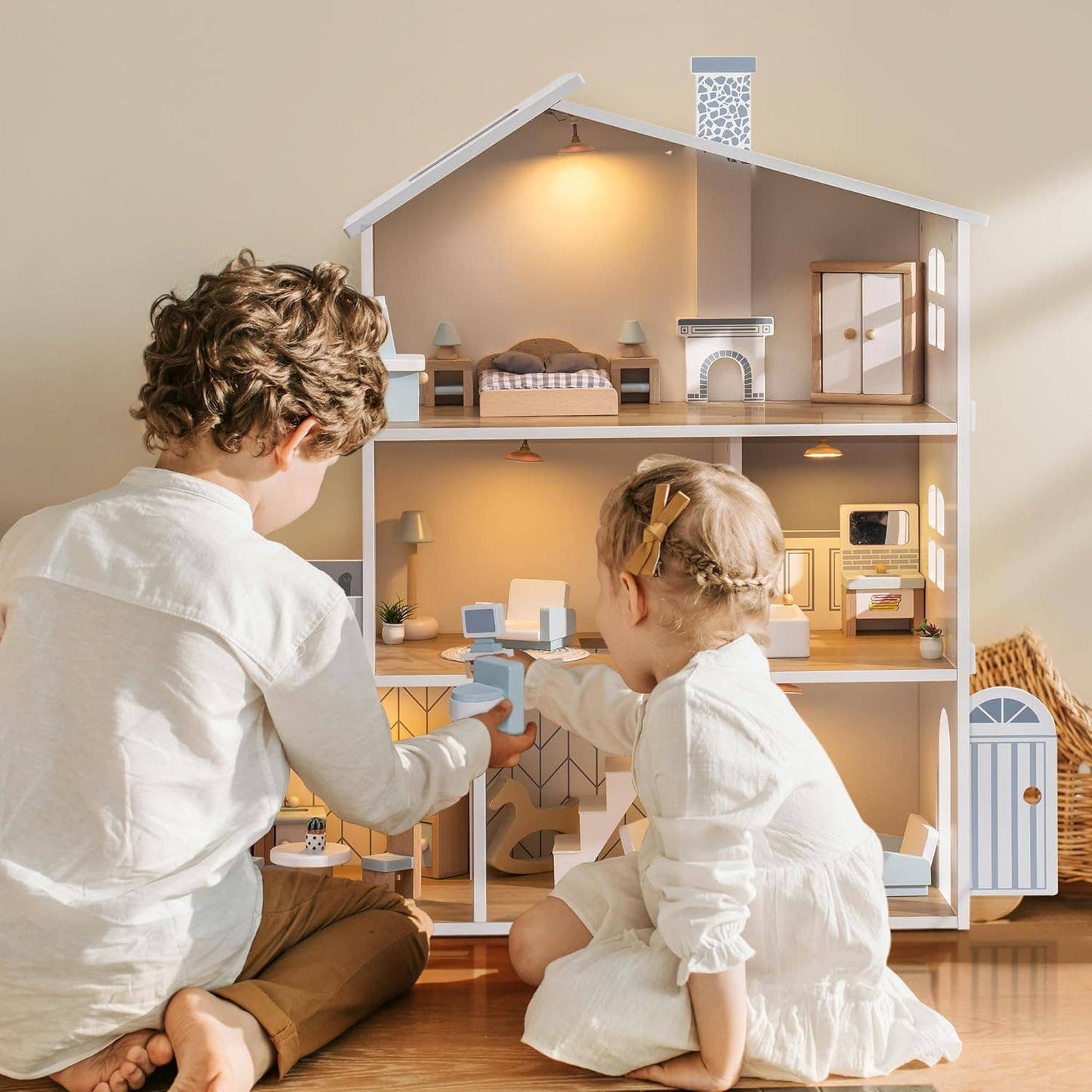Wooden Dollhouse; 3 Story Doll House Set with Furniture (23 Pcs)