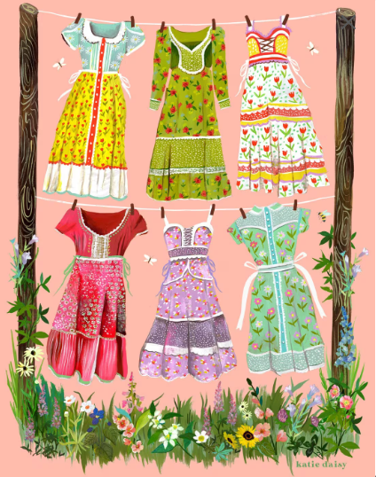 A print painted by Katie Daisy. The 8x10print has a pink background with beautiful prairies dresses on a clothes line.