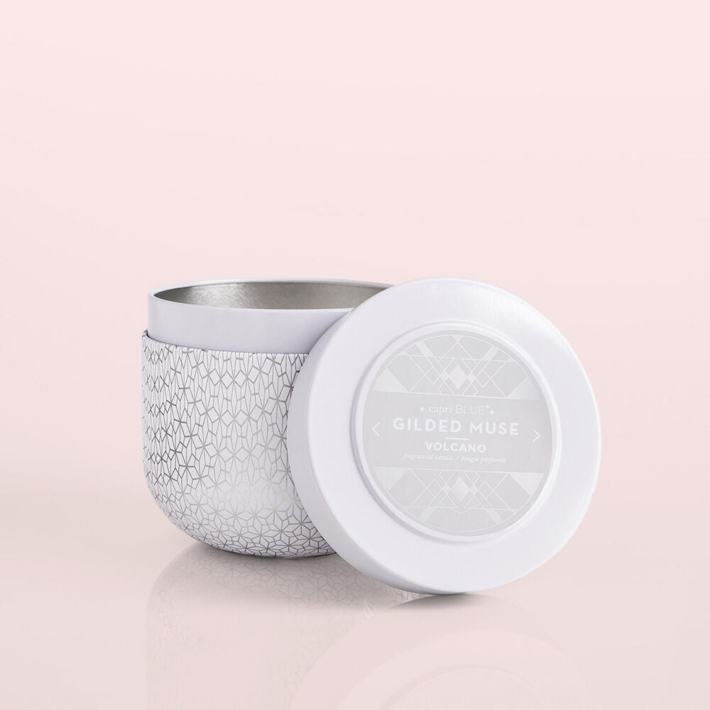 Volcano Candle; White Opal Gilded Tin, 12.5 oz