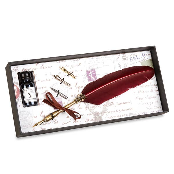 Brass Feather Nib Pen Set (With Italian Ink & Three Nibs, Black and Burgundy)