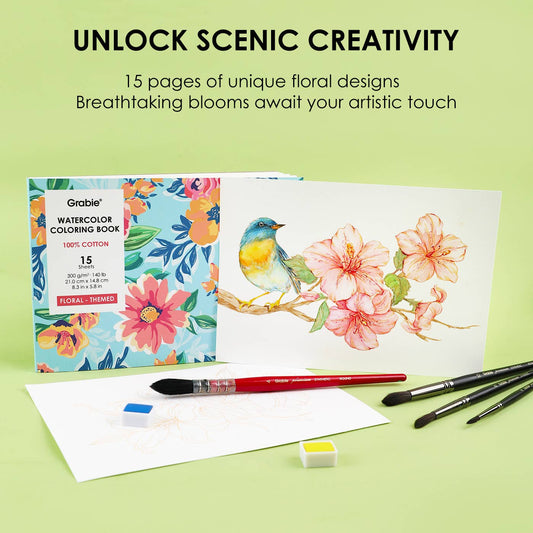 Grabie 15 Sheets 140LB Floral-Themed Watercolor Coloring Book