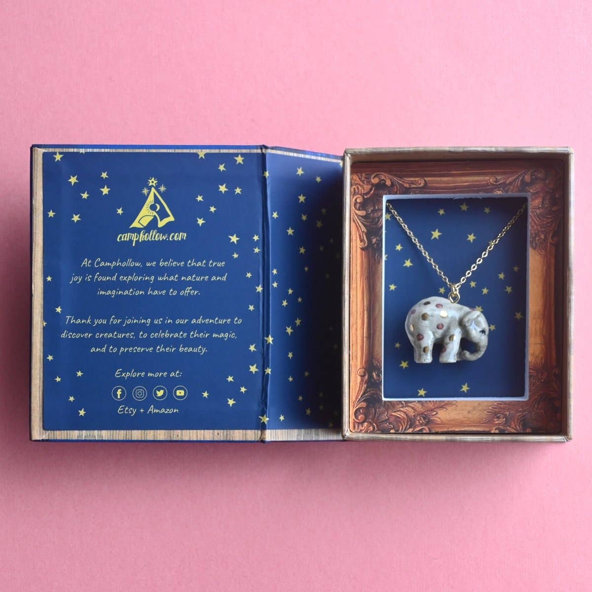 Necklace; Pink Polka Dot Elephant By Camp Hollow (Hand-Painted Porcelain, 24k Gold Steel Chain)