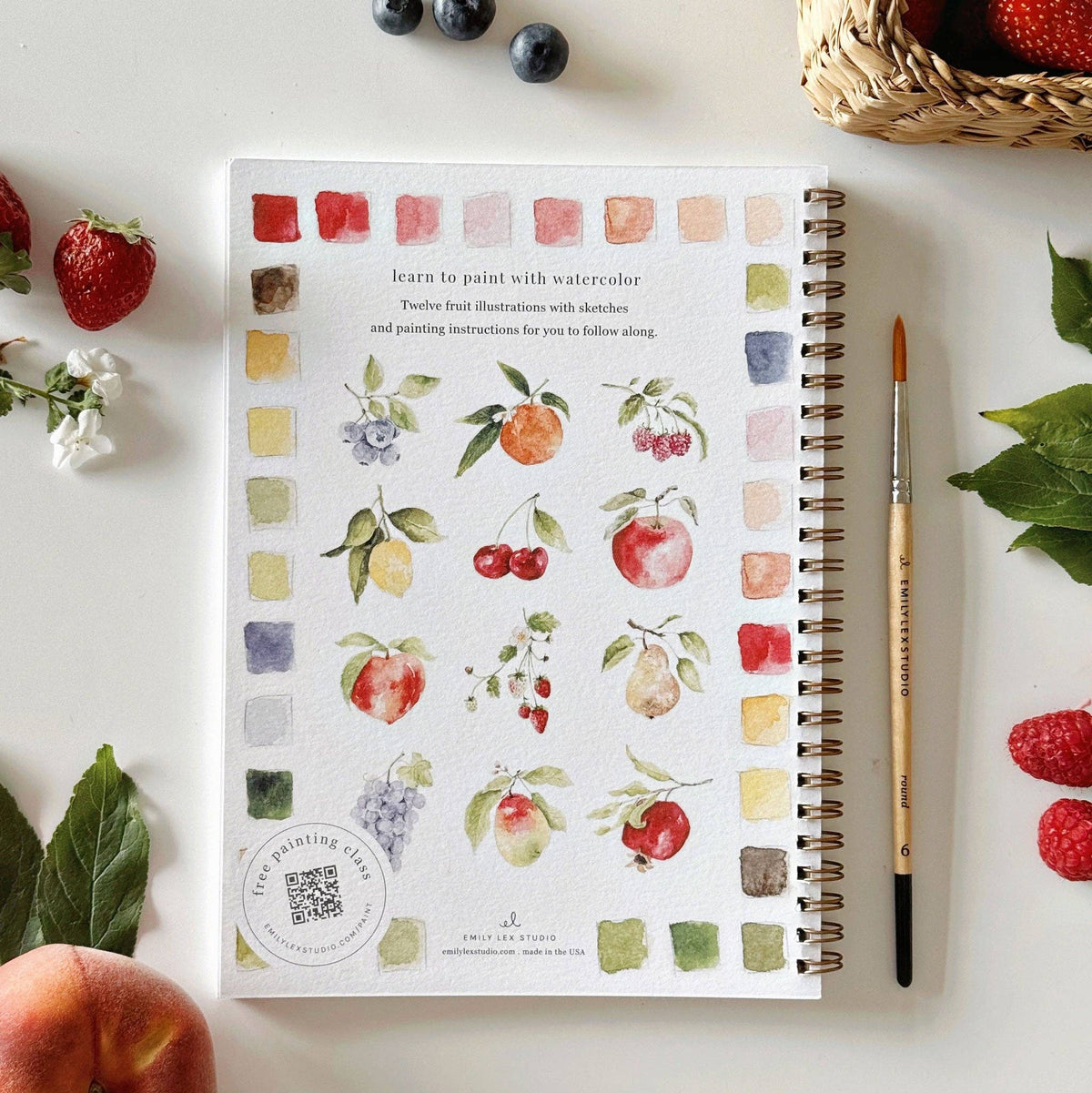 Back cover of Emily Lex Studio Fruit Watercolor Workbook showing all 12 fruit illustrations including blueberries, orange, raspberries, lemon, cherries, apple, peach, strawberries, pear, grapes, mango, and pomegranate with learn to paint with watercolor text