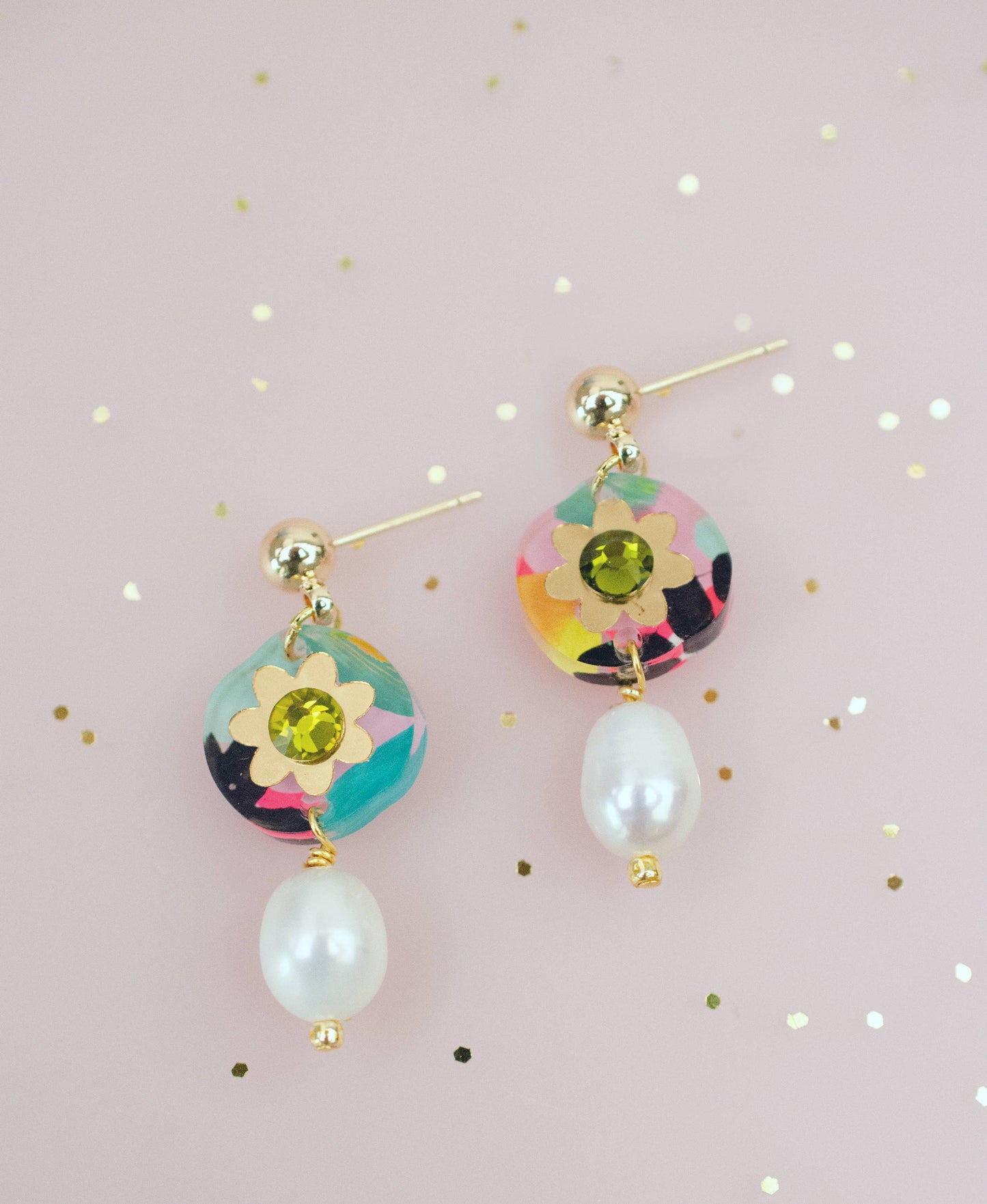 Earrings; Pearl Drop Rhinestone (Hand-painted, Gold) By Jill Makes