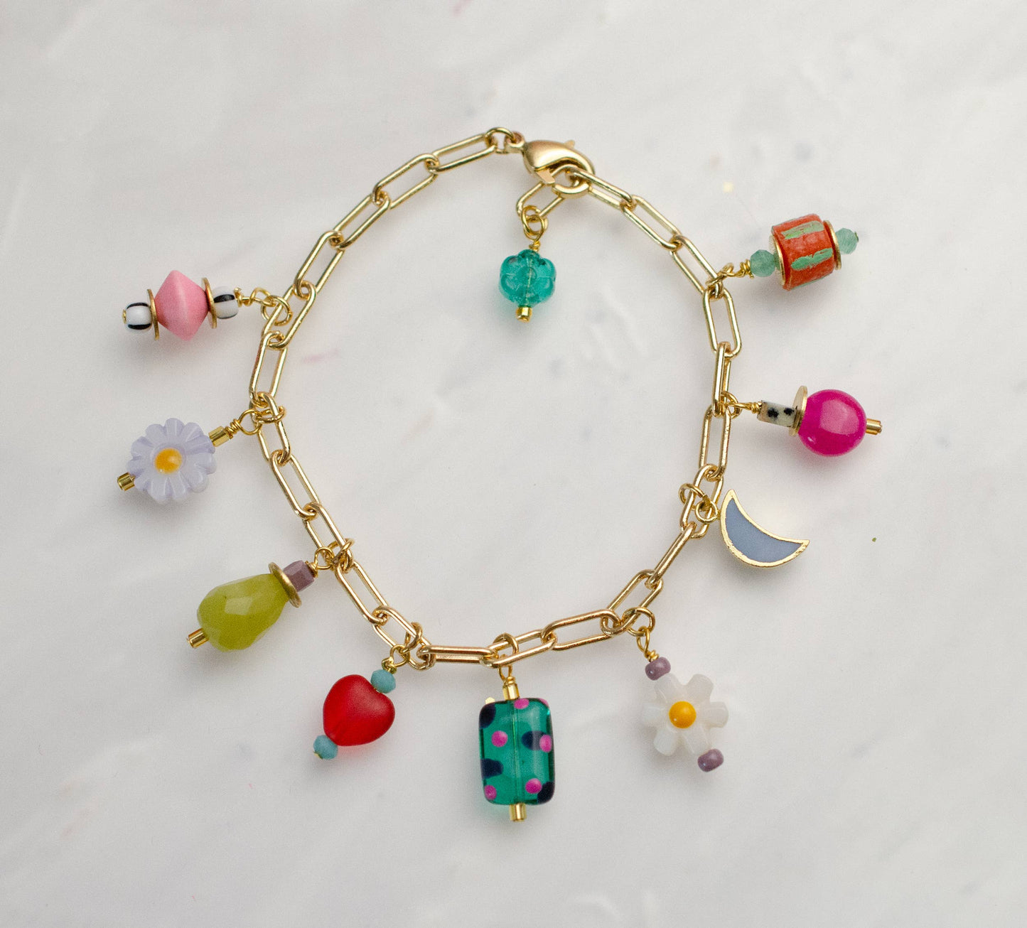 Bracelet; Ladybird Flower Charm (Colorful, Gold) By Jill Makes