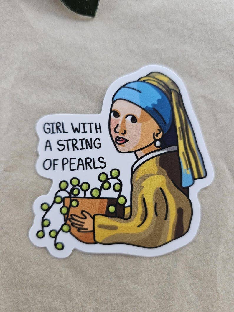 Girl with a String of Pearls Plant Sticker – Funny Art Parody Vinyl Sticker for Plant Lovers, Art Fan Gift Idea, Sticker for Water Bottle