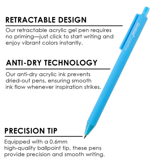 Acrylic Gel Pen Set of 12; Retractable Colorflow