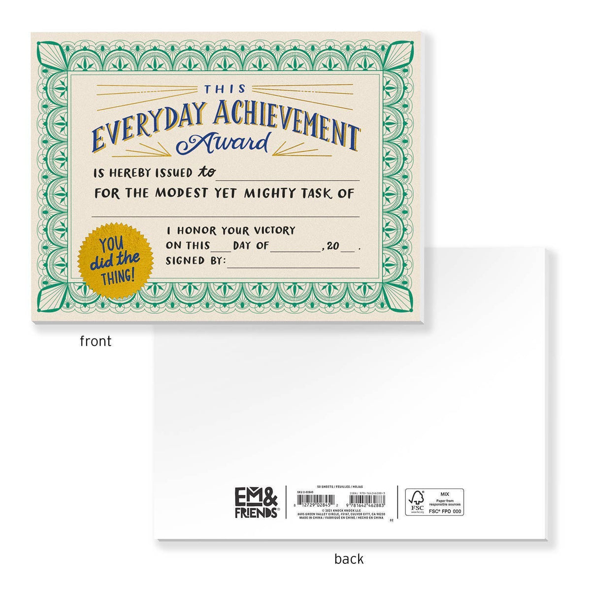 Front and back of a single Everyday Achievement Award certificate sheet — front shows the full cream certificate with green ornate border, blue and gold title, fill-in lines, and gold "You did the thing!" seal; back shows plain white with Em & Friends logo, barcode, and FSC certification mark