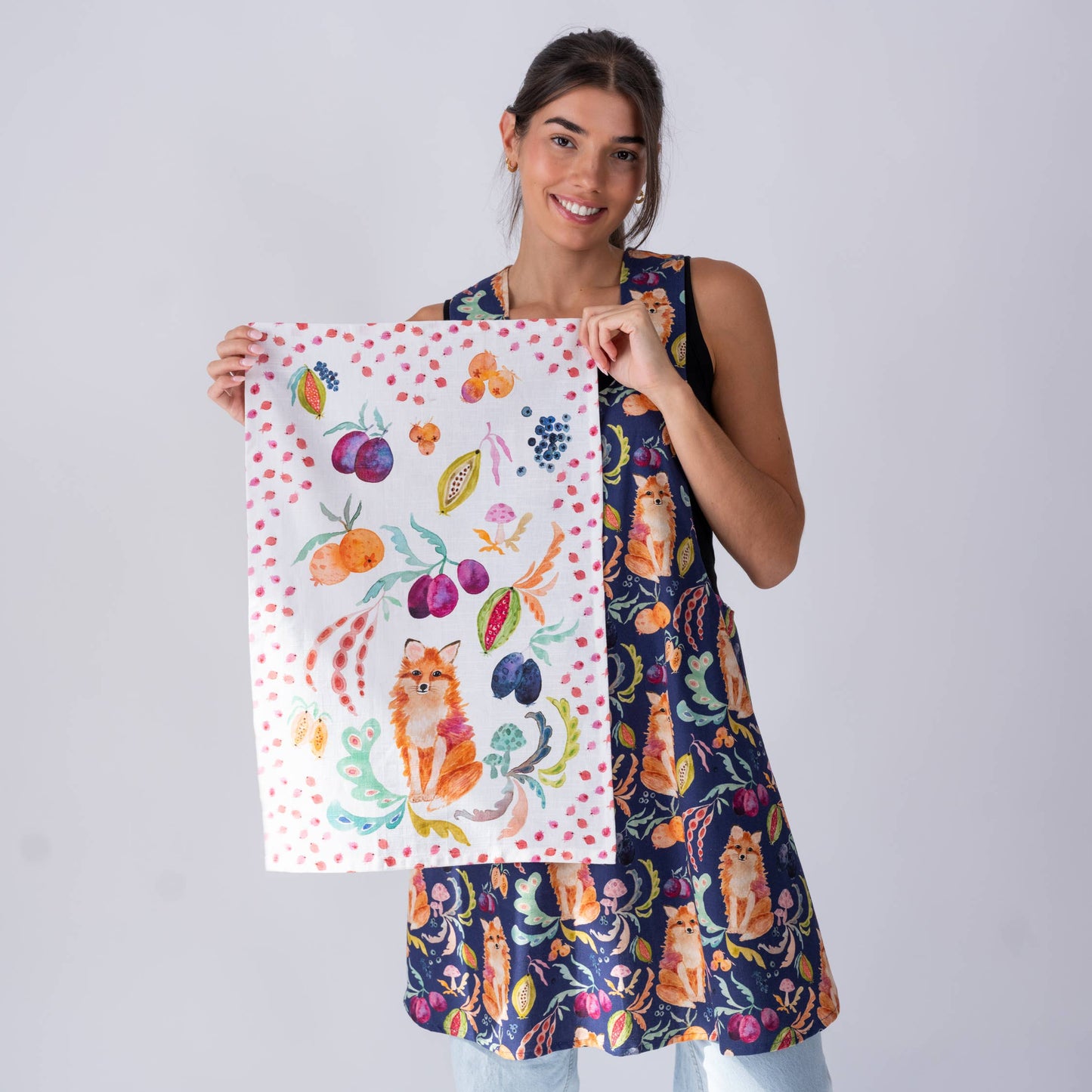 Pinafore Apron; Fox in the Orchard (Plum) By BETSY OLMSTED