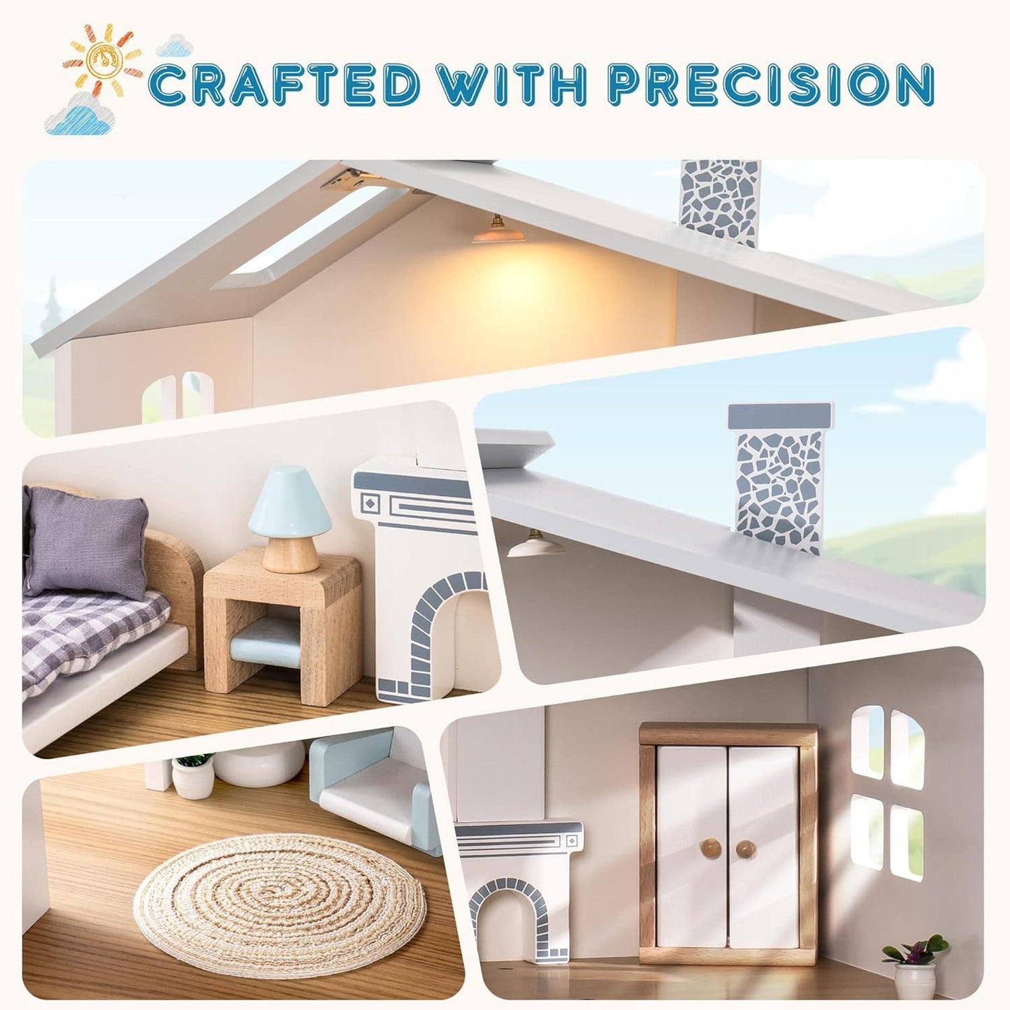 Wooden Dollhouse; 3 Story Doll House Set with Furniture (23 Pcs)