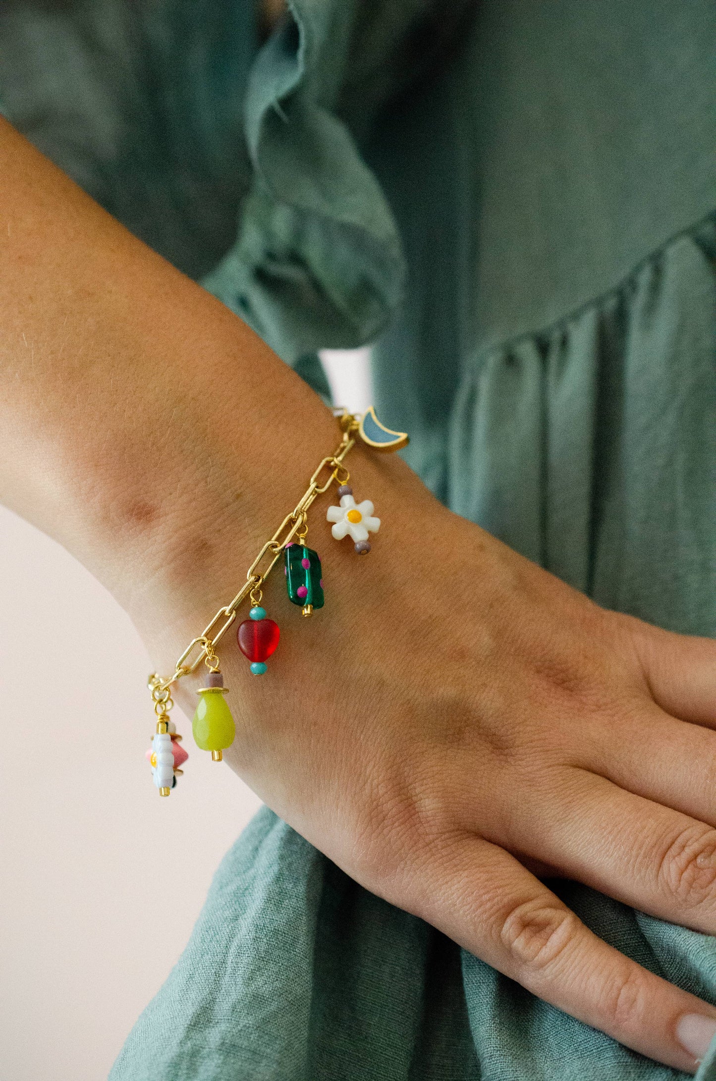 Bracelet; Ladybird Flower Charm (Colorful, Gold) By Jill Makes
