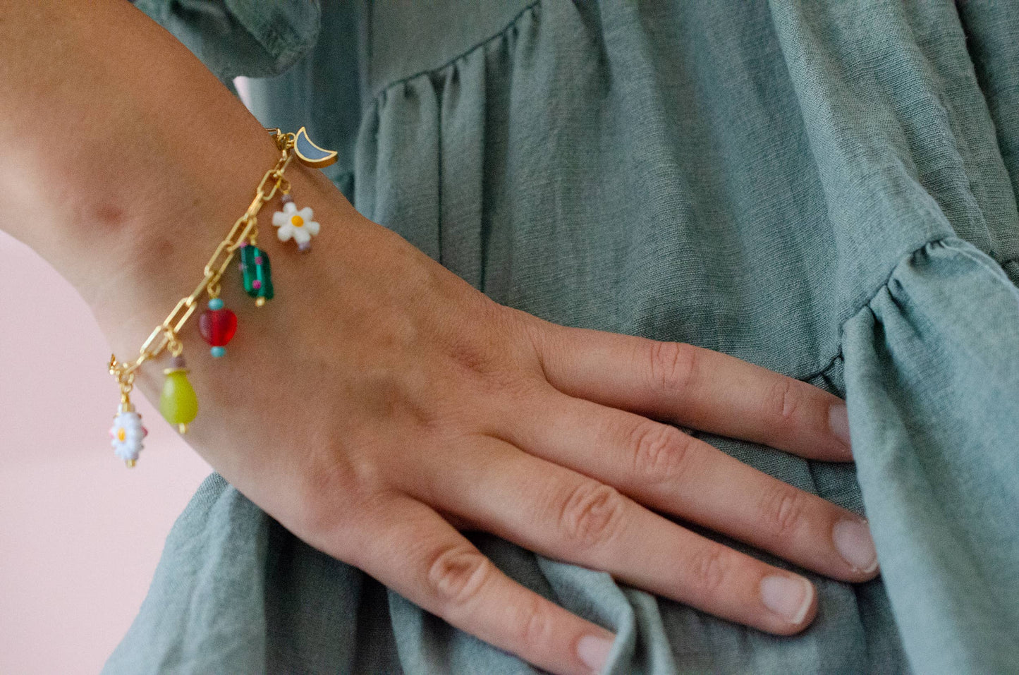 Bracelet; Ladybird Flower Charm (Colorful, Gold) By Jill Makes