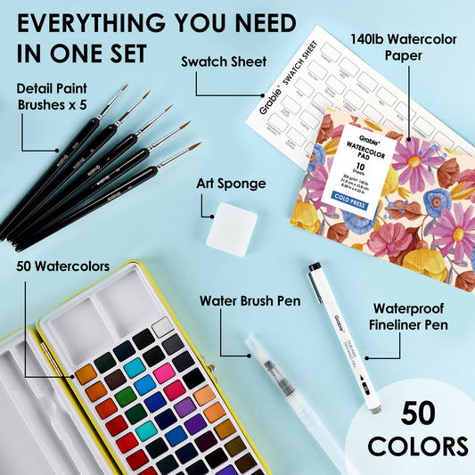 Grabie All-In-One Premium Watercolor Set of 50 (Paper, Pen, & 7 Brushes Included)