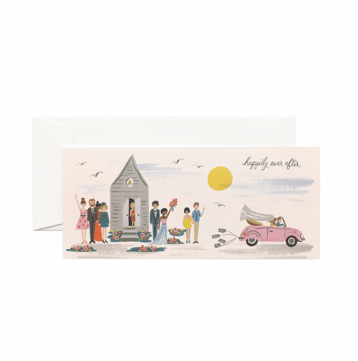Rifle Paper Co. wedding send-off card; chapel, wedding party, pink VW Beetle, "happily ever after"