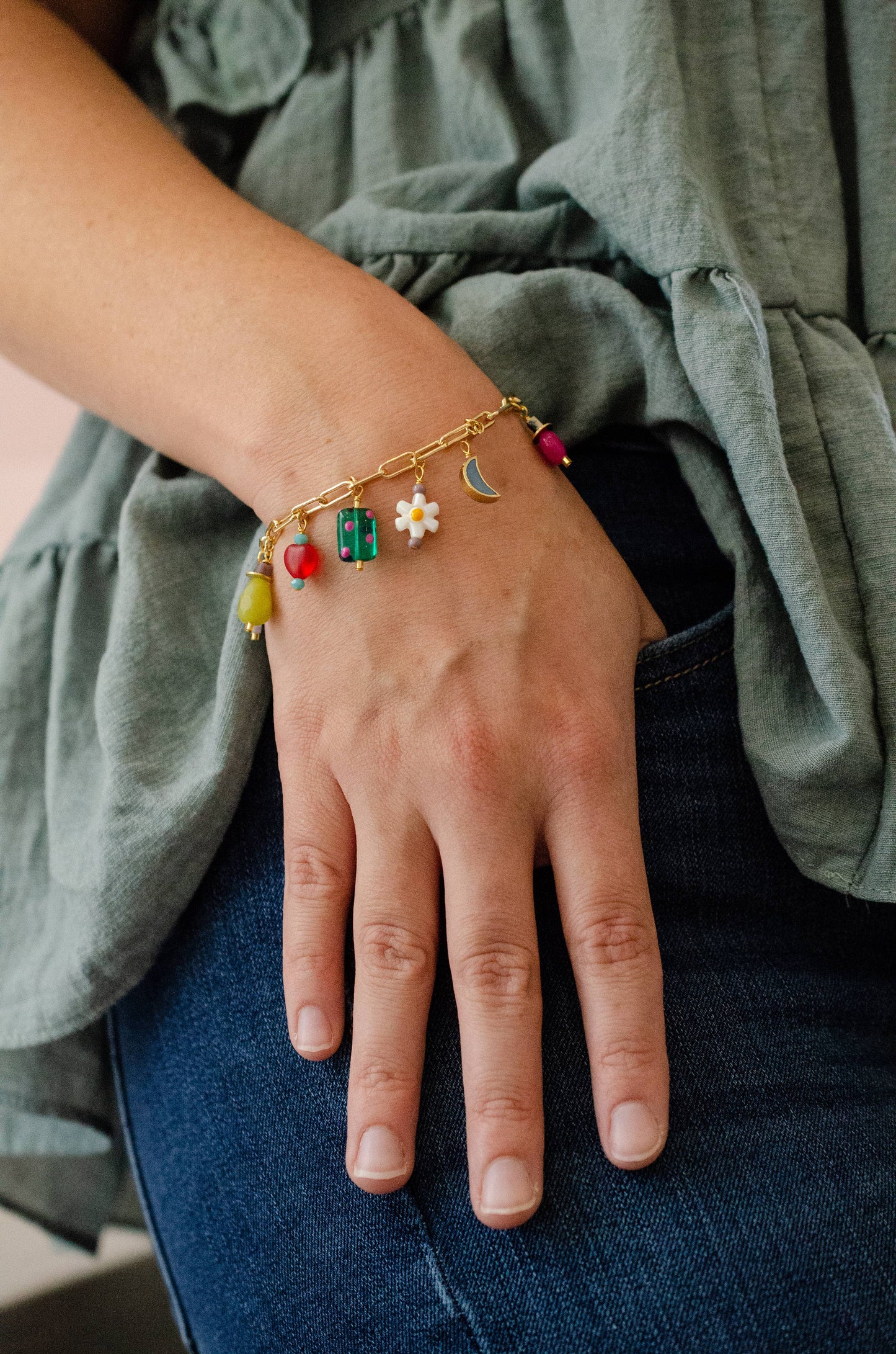 Bracelet; Ladybird Flower Charm (Colorful, Gold) By Jill Makes