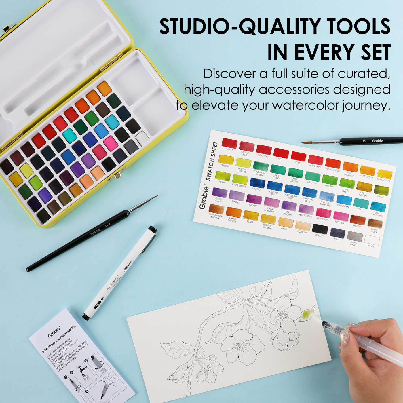 Grabie All-In-One Premium Watercolor Set of 50 (Paper, Pen, & 7 Brushes Included)