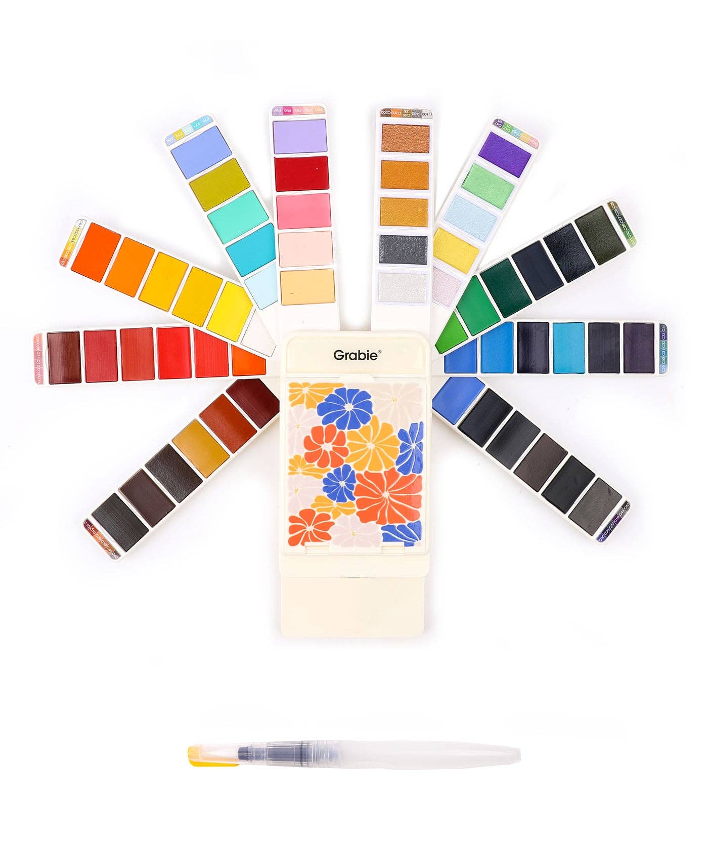 Grabie 56-color foldable watercolor set fully fanned open showing all color pans in a sunburst arrangement with water brush pen below, on a white background