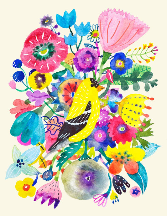 Greeting Card; Goldfinch & Flowers