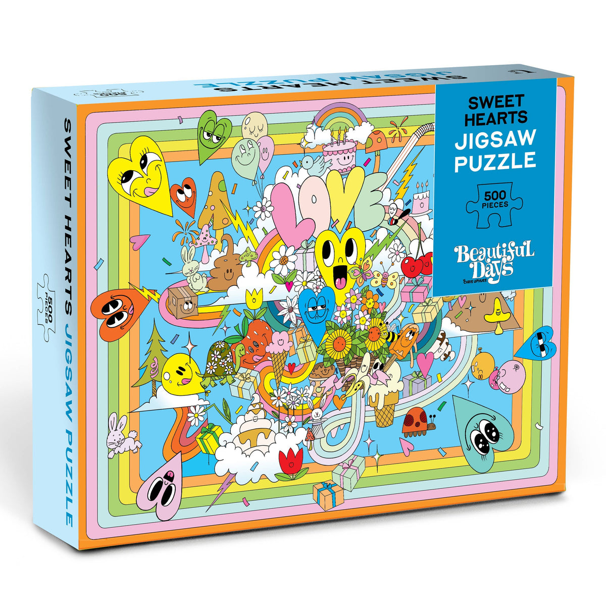 Sweet Hearts Jigsaw Puzzle 500-piece box by Beautiful Days — light blue box with orange border showing a vibrant retro pop art scene of cartoon heart characters, rainbows, flowers, mushrooms, bees, gifts, and a large pink "LOVE" in the center, with blue label reading "Sweet Hearts Jigsaw Puzzle, 500 Pieces" and Beautiful Days logo