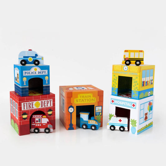 Ooly Stackables Nested Cardboard Toys and Cars Set: Busy City (5 Stackable boxes & 5 Wooden Vehicles)