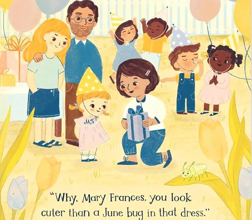 Interior page from Southern Baby board book — warm yellow party scene illustration with a diverse group of children and parents celebrating, a little girl in a monogrammed dress receiving a gift, a June bug in the foreground, and the text "Why, Mary Frances, you look cuter than a June bug in that dress."