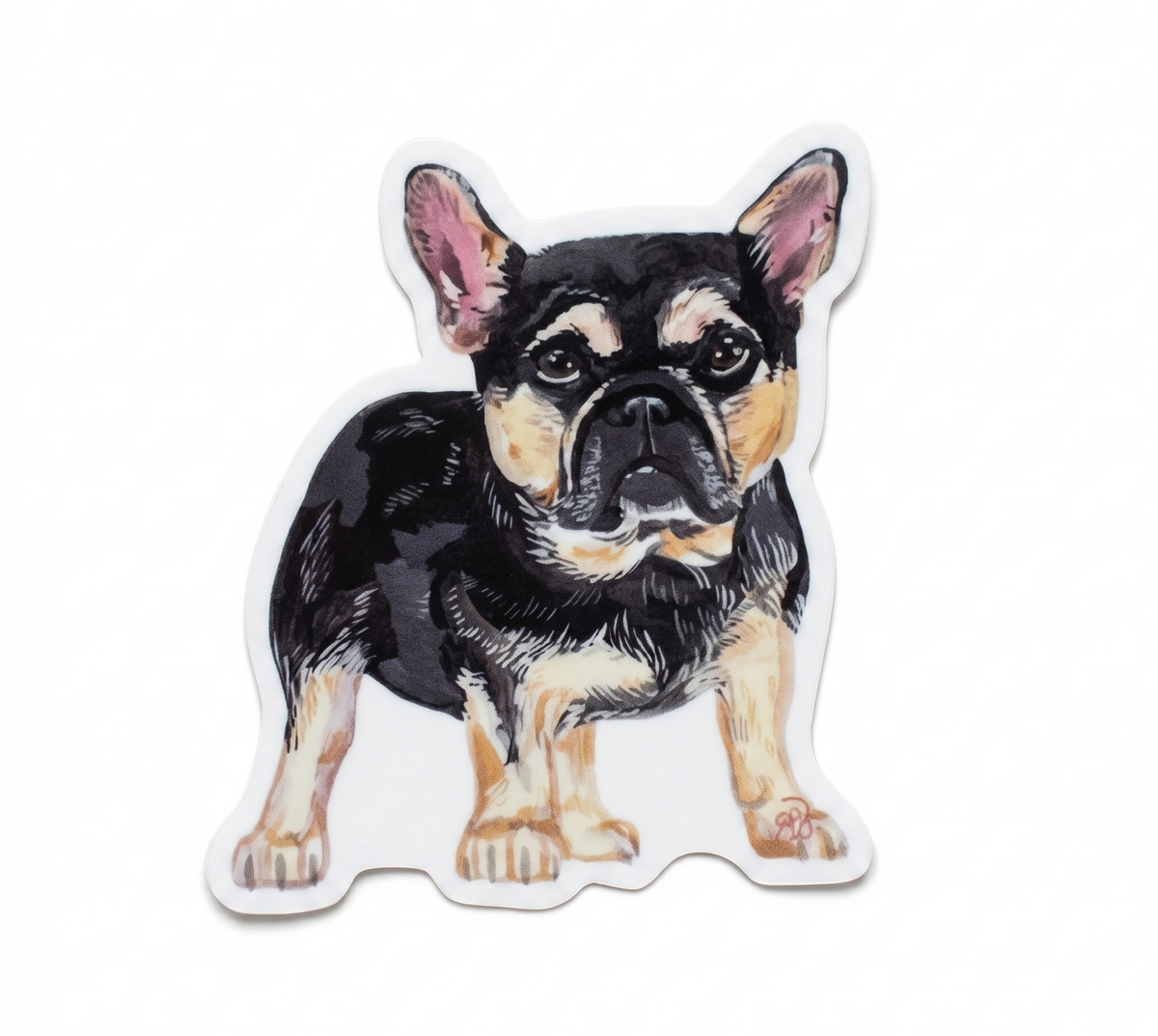 Made by Shellie Frank vinyl sticker — detailed illustration of a black and tan French Bulldog with big bat ears, soulful dark eyes, and confident standing pose; die-cut with white border; white background