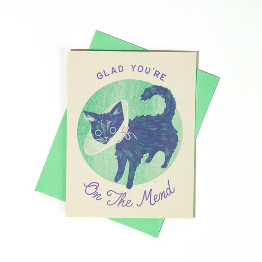 Sympathy Card; Glad You're On The Mend Cat (Risograph Card)