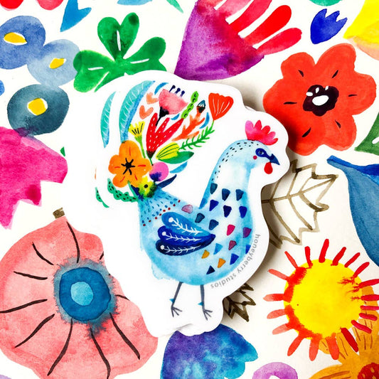 Vinyl Sticker; Blue Flower Rooster