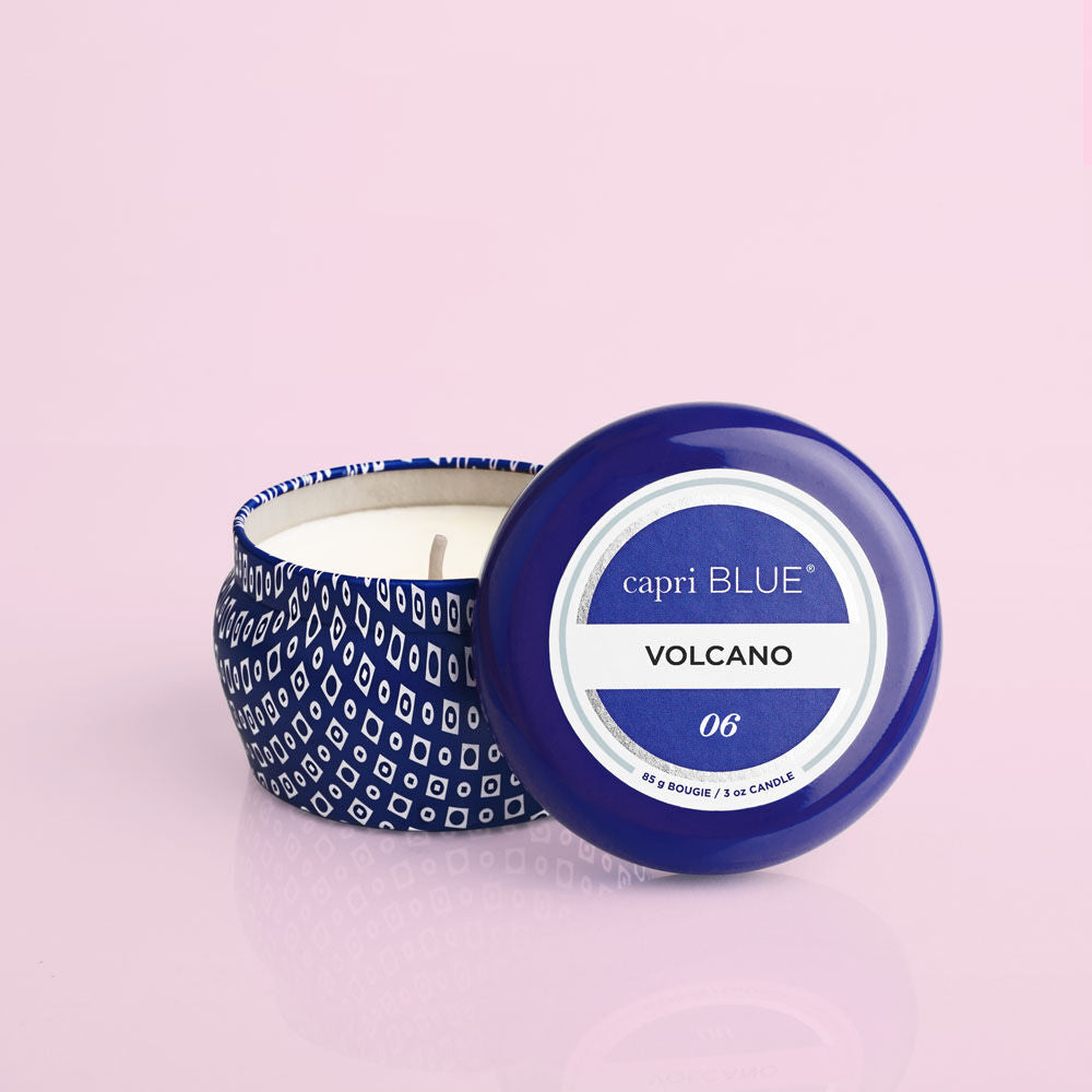 Capri Blue Candle; 3oz (Volcano Scent, Soy Blend) Pattern Blue Mini Tin