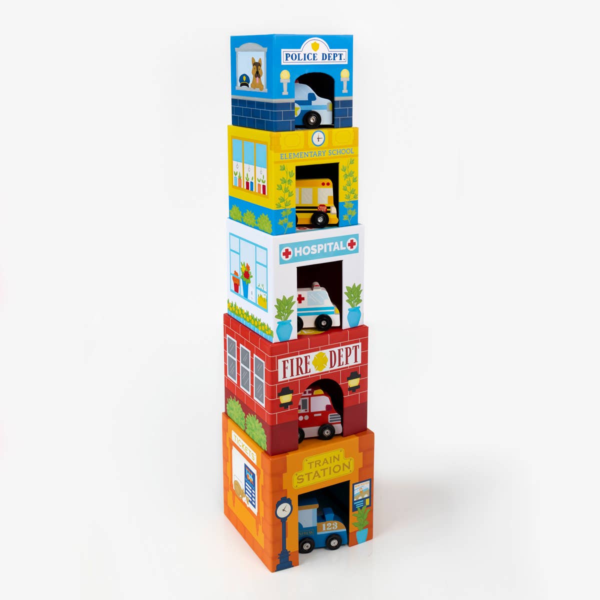 Ooly Stackables Nested Cardboard Toys and Cars Set: Busy City (5 Stackable boxes & 5 Wooden Vehicles)