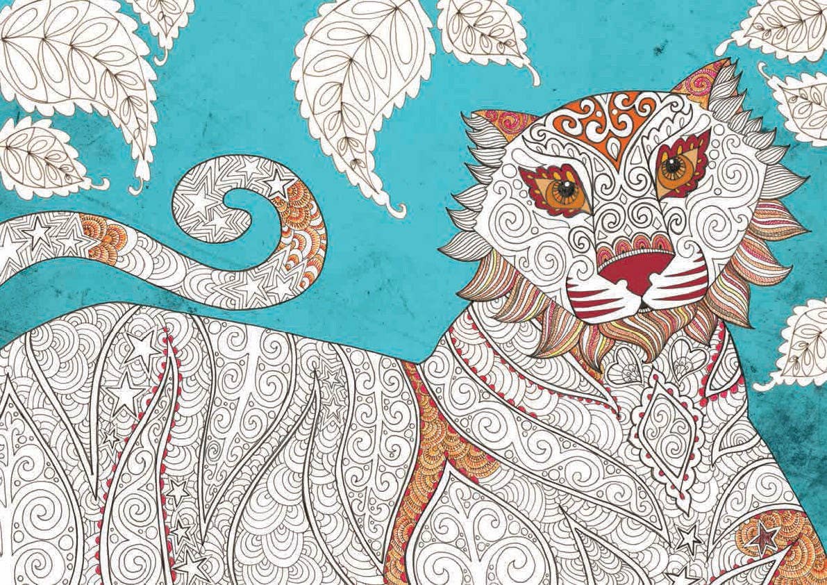 Interior page from Color Therapy coloring book — partially colored illustration of a mandala-style tiger with swirling star and paisley body patterns, orange and red face accents with amber eyes, curling star-dotted tail, and white leaf motifs on a teal watercolor background