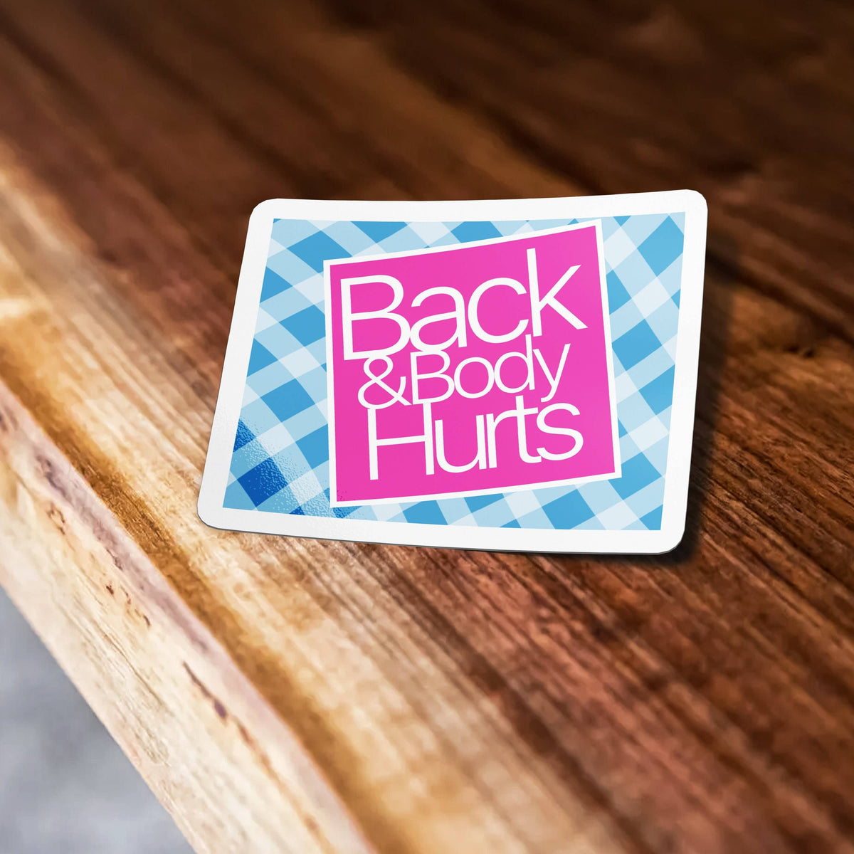 Sticker Bull Back & Body Hurts vinyl sticker propped on a warm wood surface — bold white script on hot pink square over blue gingham background; white border