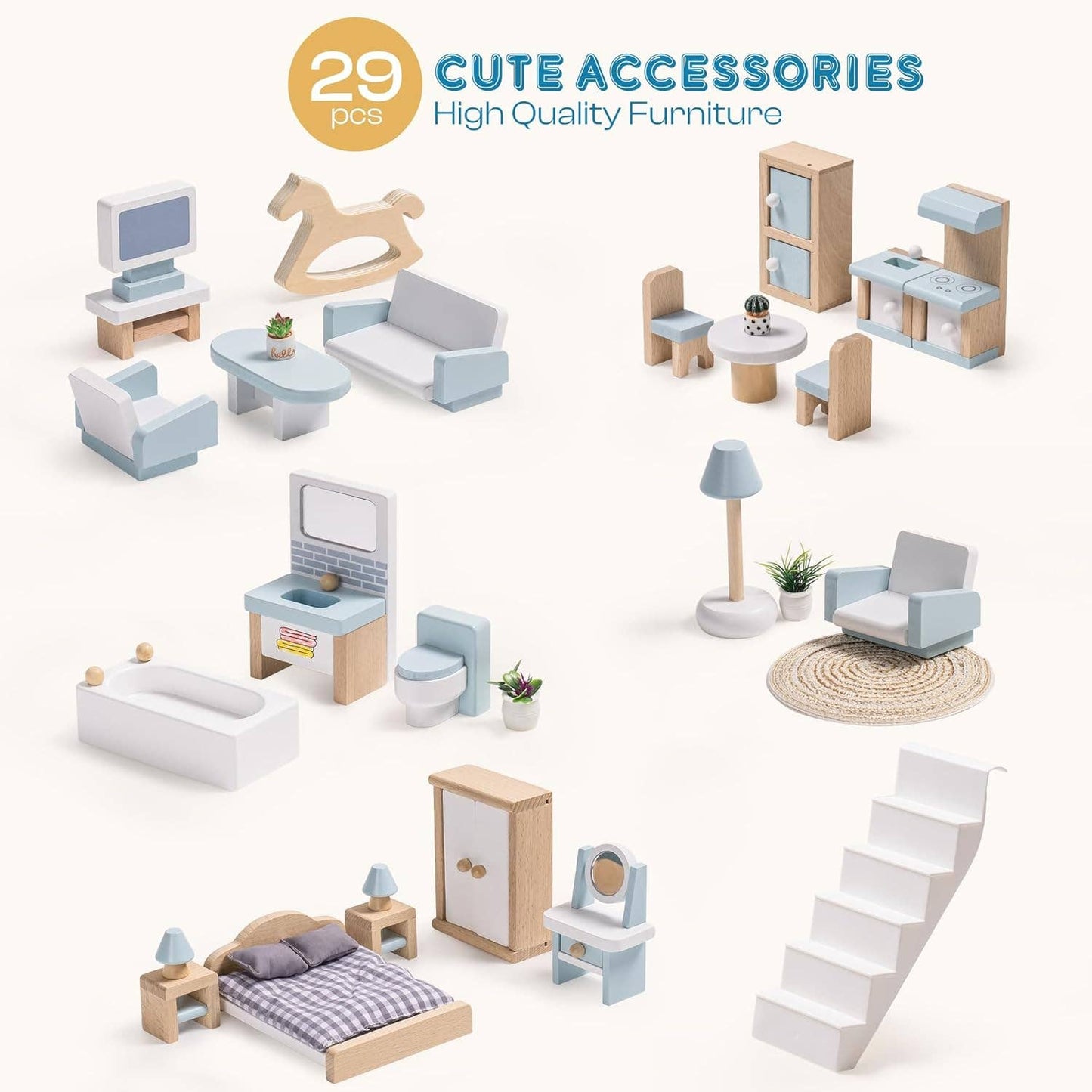 Wooden Dollhouse; 3 Story Doll House Set with Furniture (23 Pcs)