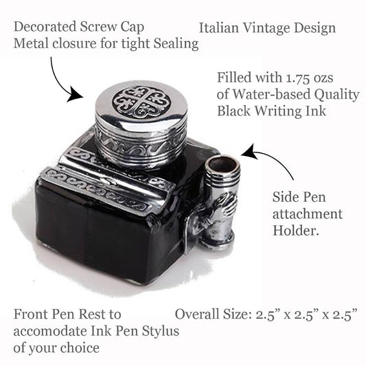 Decorative Inkwell with Pen Rest, Pen Holder & Ink