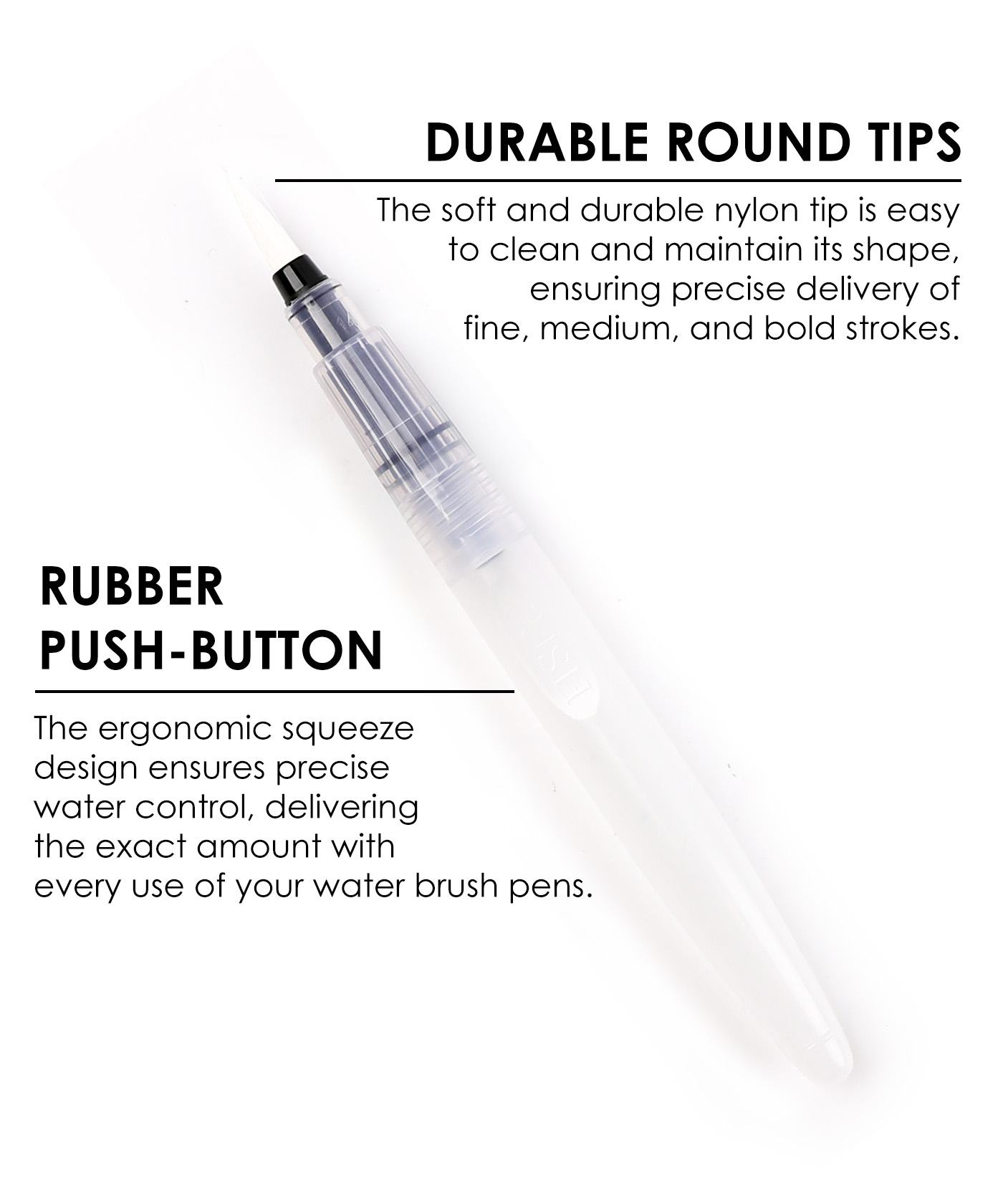 Close-up of the Grabie water brush pen showing durable round nylon tip and rubber push-button with descriptive text on a white background