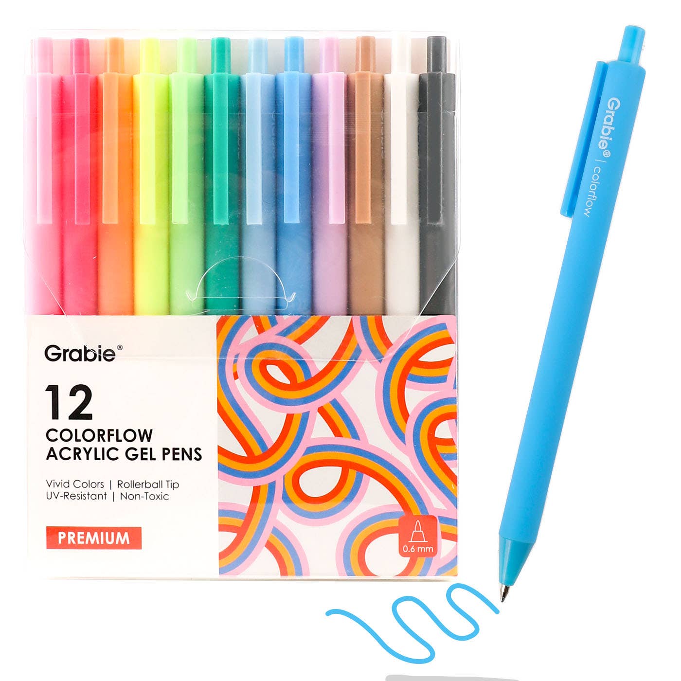 Acrylic Gel Pen Set of 12; Retractable Colorflow