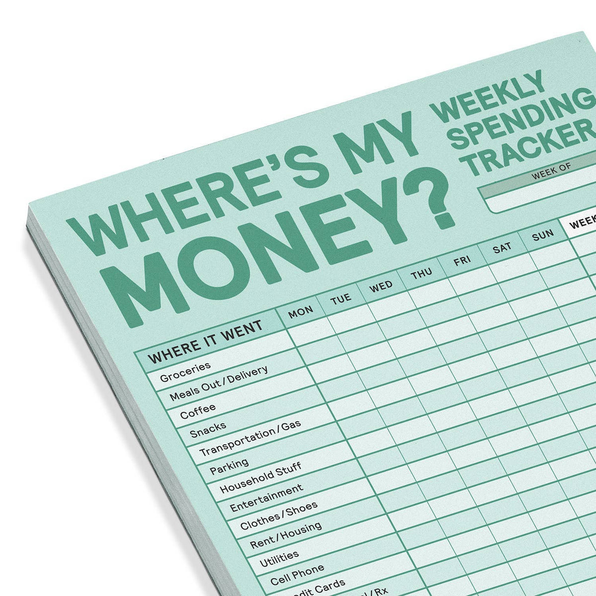 Close-up top corner of Where's My Money? Weekly Spending Tracker notepad — showing bold "WHERE'S MY MONEY?" title, "WEEKLY SPENDING TRACKER" header, Week Of field, and top rows of the spending grid including Groceries, Meals Out/Delivery, Coffee, Snacks, and Transportation/Gas