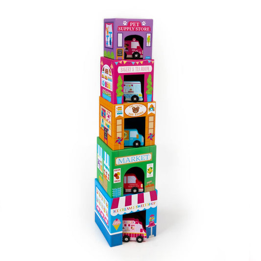 Ooly Stackables Nested Cardboard Toys and Cars Set: Rainbow Town (5 Stackable boxes & 5 Wooden Vehicles)