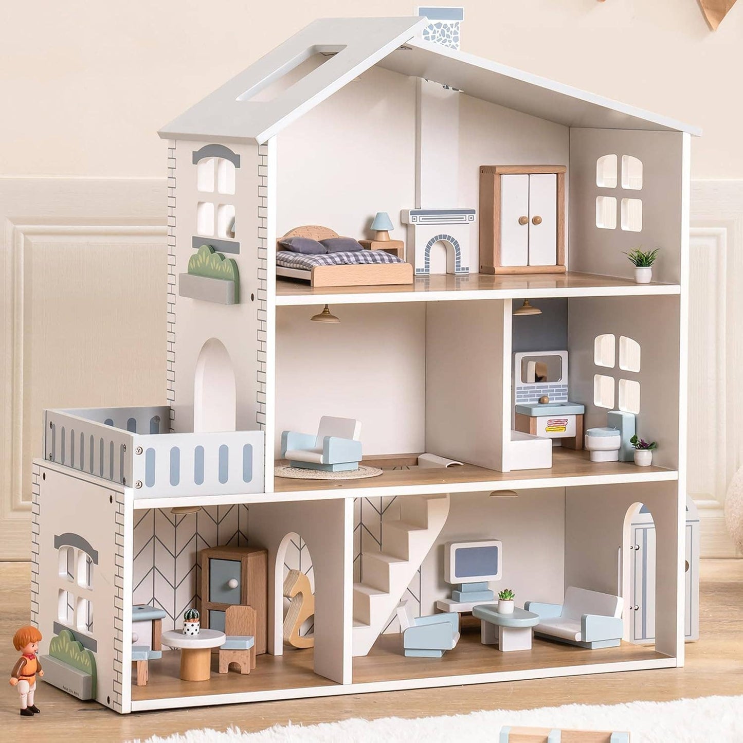Wooden Dollhouse; 3 Story Doll House Set with Furniture (23 Pcs)