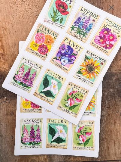 Sticker Sheets; Flower Seed Packets By Katie Daisy (Two Sheets)