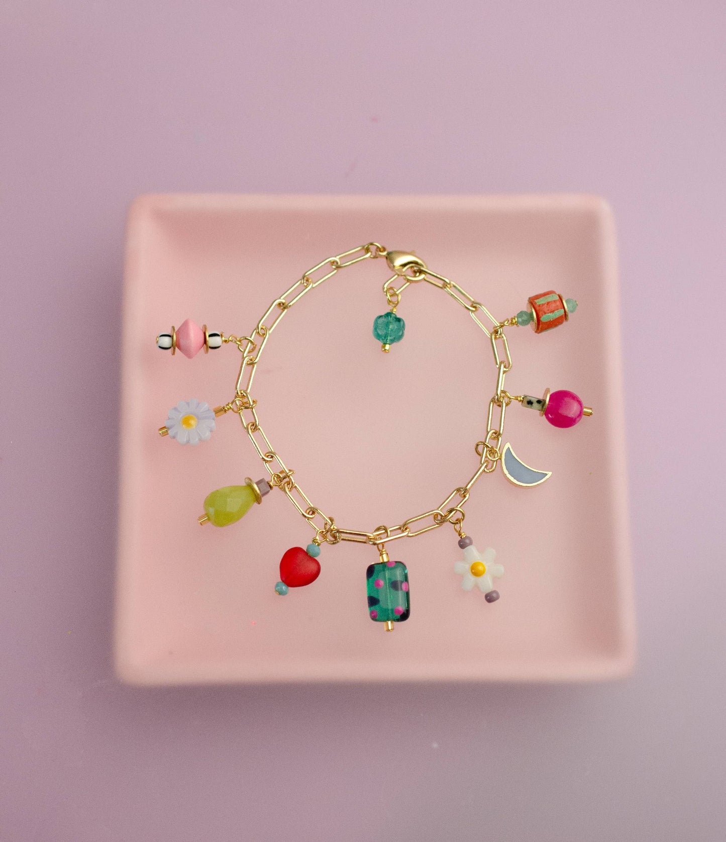 Bracelet; Ladybird Flower Charm (Colorful, Gold) By Jill Makes