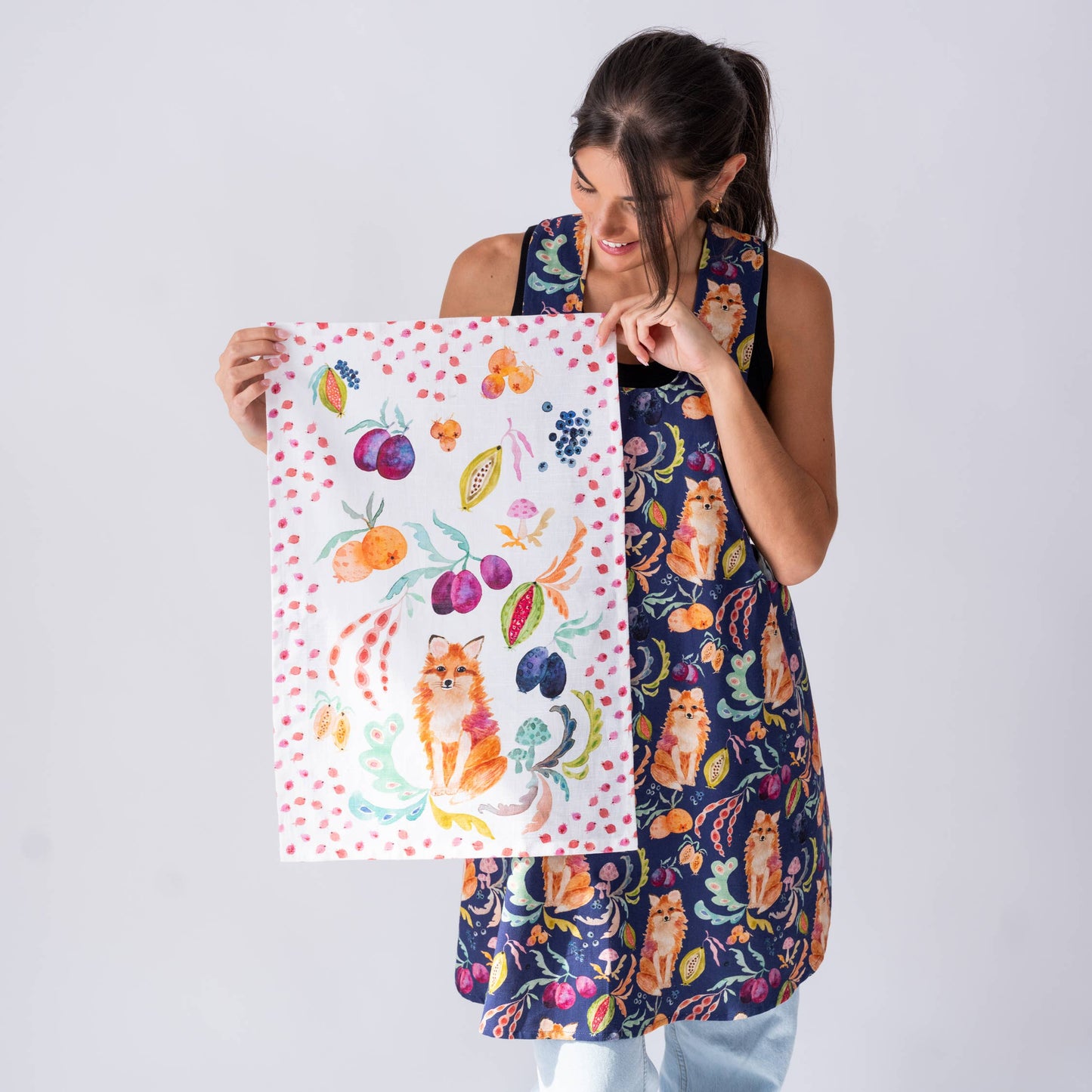Pinafore Apron; Fox in the Orchard (Plum) By BETSY OLMSTED